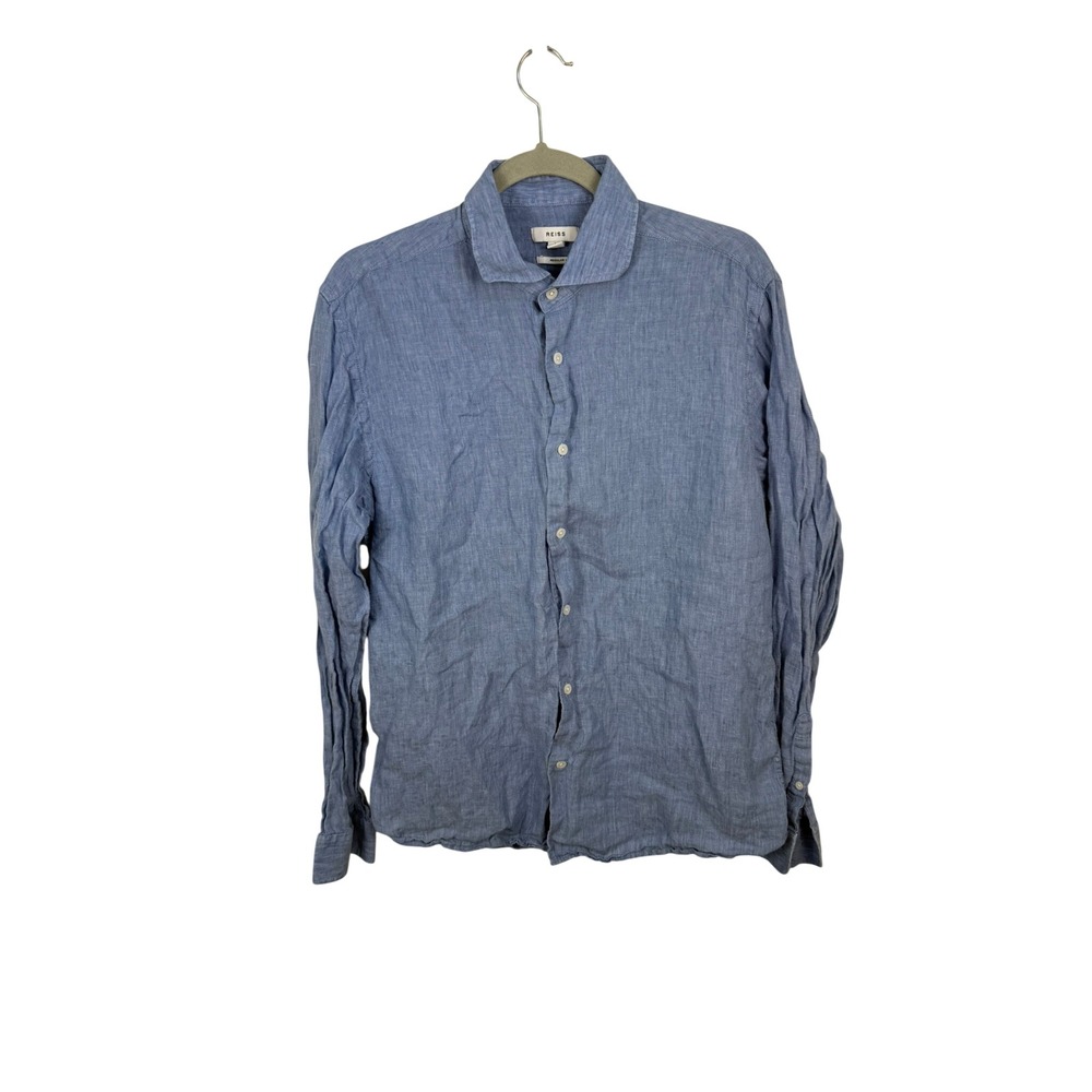 Reiss Mens Blue 100% Linen Long Sleeve Button Down Shirt Regular Fit Large